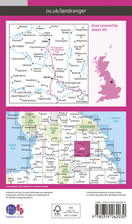 Carte topographique n° 105 - York, Selby (Grande Bretagne) | Ordnance Survey - Landranger carte pliée Ordnance Survey Papier 
