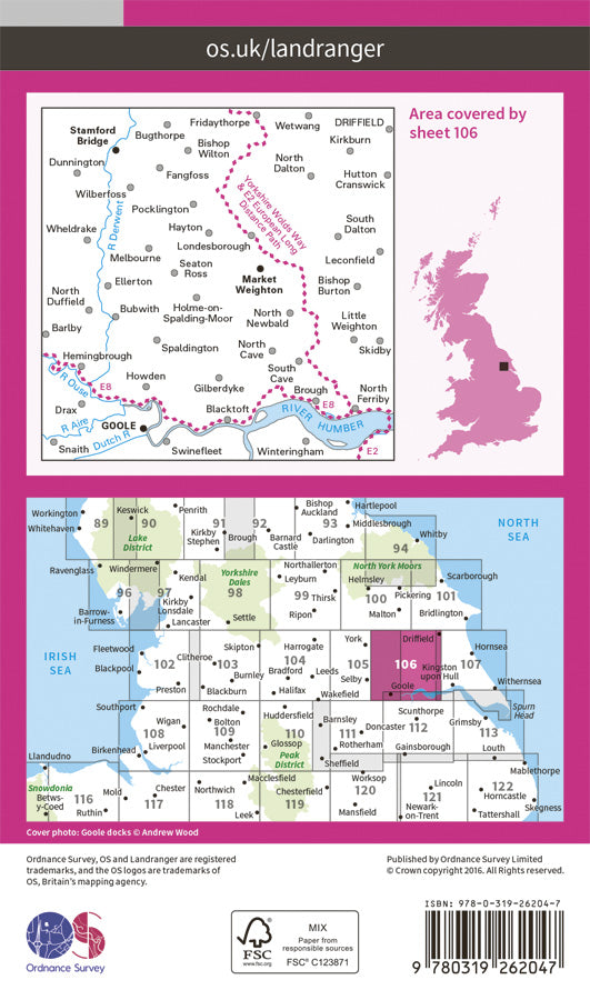 Carte topographique n° 106 - Market Weighton (Grande Bretagne) | Ordnance Survey - Landranger carte pliée Ordnance Survey Papier 