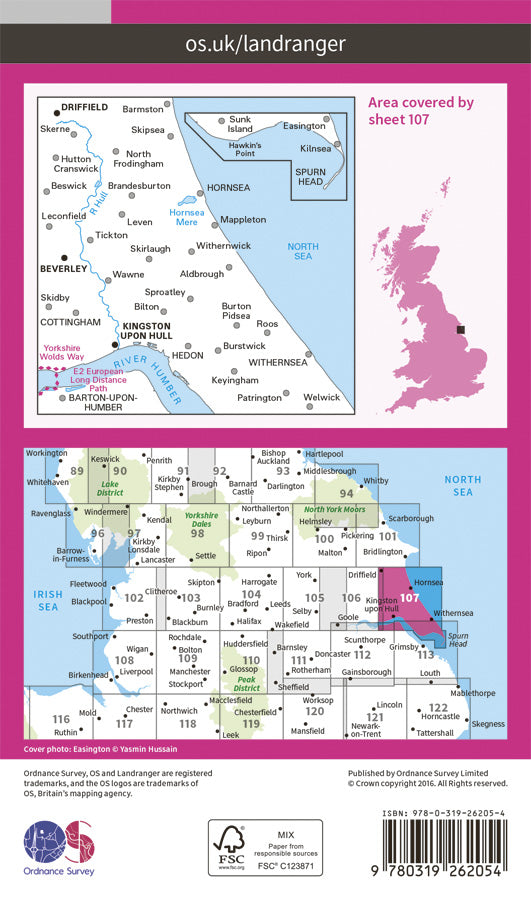 Carte topographique n° 107 - Kingston upon Hull (Grande Bretagne) | Ordnance Survey - Landranger carte pliée Ordnance Survey Papier 