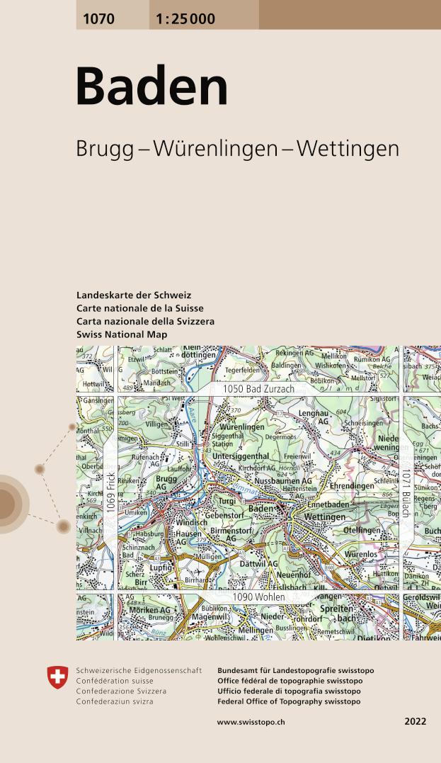 Carte topographique n° 1070 - Baden (Suisse) | Swisstopo - 1/25 000 carte pliée Swisstopo 