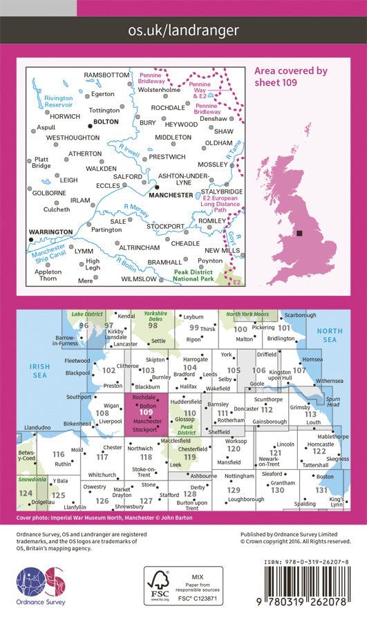 Carte topographique n° 109 - Manchester (Grande Bretagne) | Ordnance Survey - Landranger carte pliée Ordnance Survey Papier 