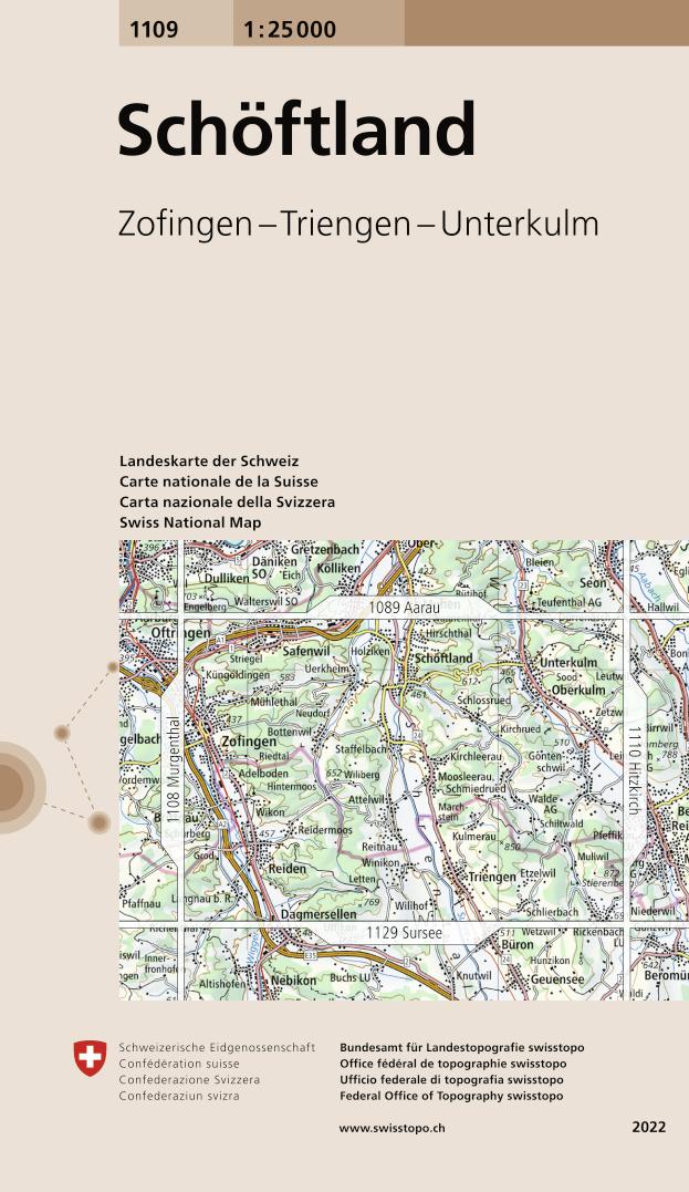 Carte topographique n° 1109 - Schöftland (Suisse) | Swisstopo - 1/25 000 carte pliée Swisstopo 
