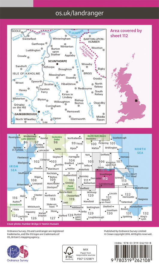 Carte topographique n° 112 - Scunthorpe, Gainsborough (Grande Bretagne) | Ordnance Survey - Landranger carte pliée Ordnance Survey Papier 