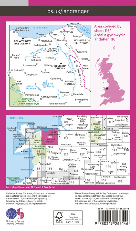 Carte topographique n° 116 - Denbigh, Colwyn Bay (Grande Bretagne) | Ordnance Survey - Landranger carte pliée Ordnance Survey Papier 