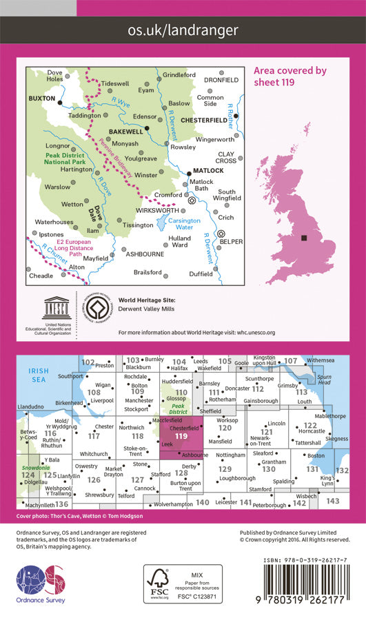 Carte topographique n° 119 - Buxton, Matlock (Grande Bretagne) | Ordnance Survey - Landranger carte pliée Ordnance Survey Papier 