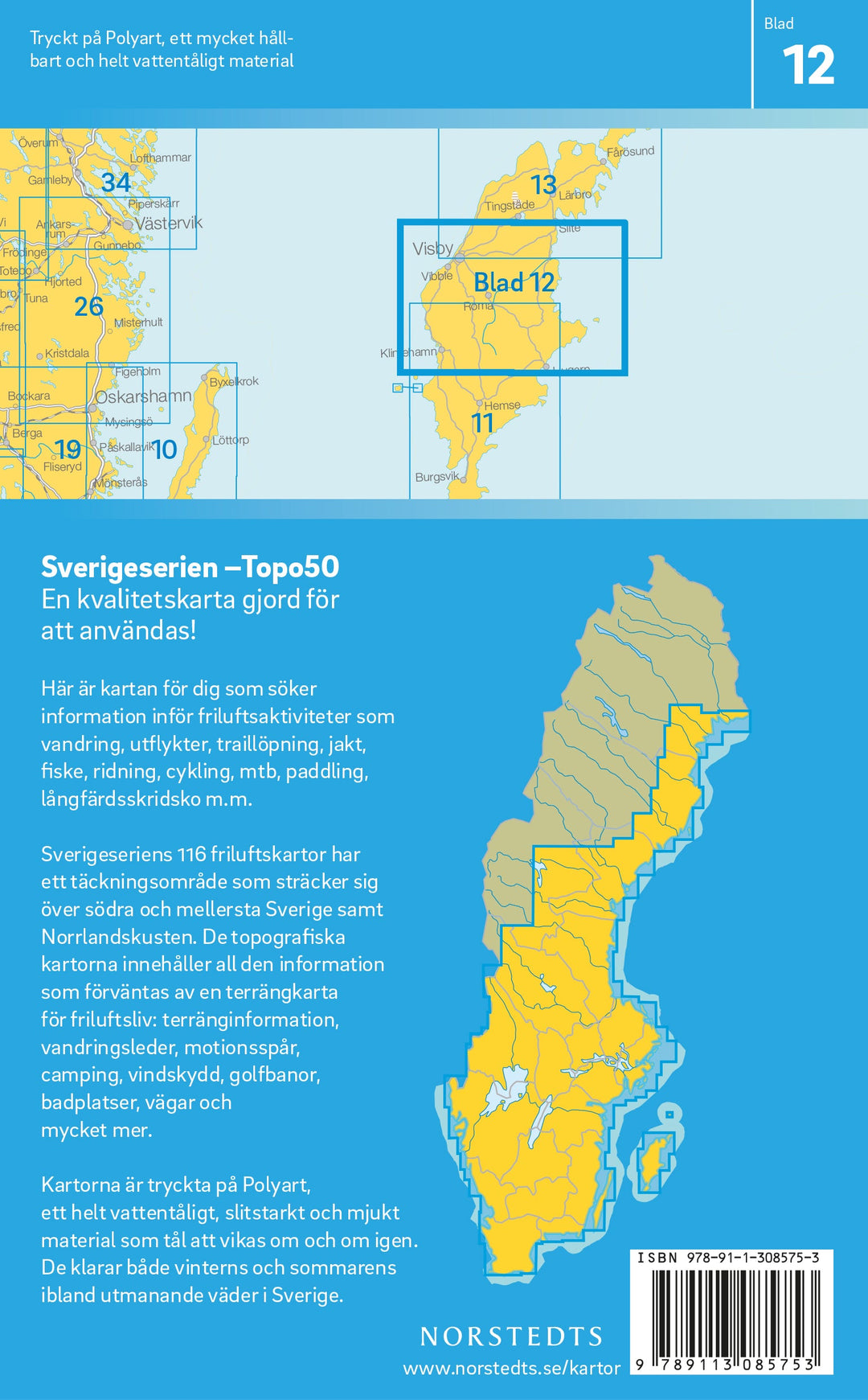 Carte topographique n° 12 - Mellersta Gotland (Suède) | Norstedts - Sverigeserien carte pliée Norstedts 