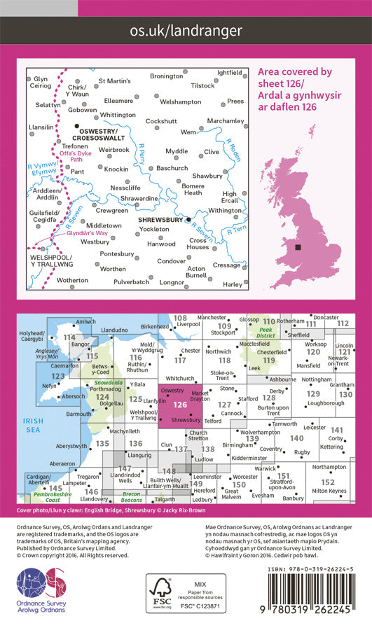 Carte topographique n° 126 - Shrewsbury, Oswestry (Grande Bretagne) | Ordnance Survey - Landranger carte pliée Ordnance Survey Papier 