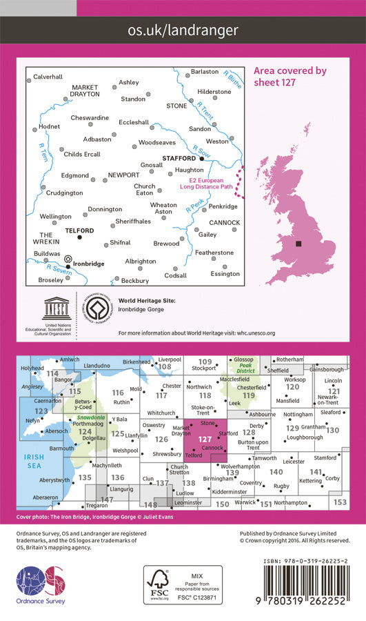 Carte topographique n° 127 - Stafford, Telford (Grande Bretagne) | Ordnance Survey - Landranger carte pliée Ordnance Survey Papier 