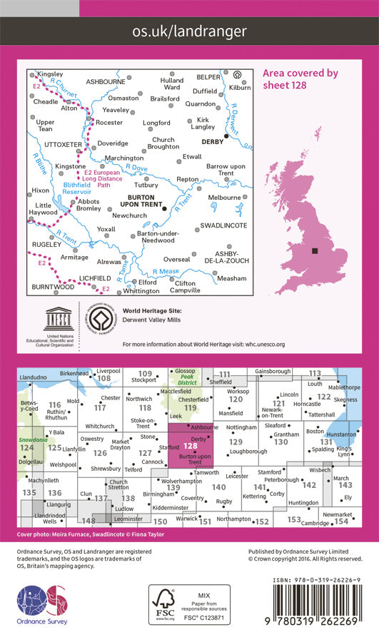 Carte topographique n° 128 - Derby, Burton upon Trent (Grande Bretagne) | Ordnance Survey - Landranger carte pliée Ordnance Survey Papier 