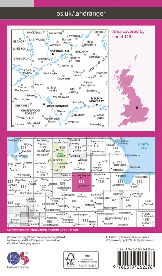 Carte topographique n° 129 - Nottingham, Loughborough (Grande Bretagne) | Ordnance Survey - Landranger carte pliée Ordnance Survey Papier 