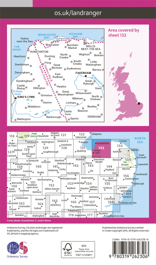 Carte topographique n° 132 - North West Norfolk (Grande Bretagne) | Ordnance Survey - Landranger carte pliée Ordnance Survey Papier 