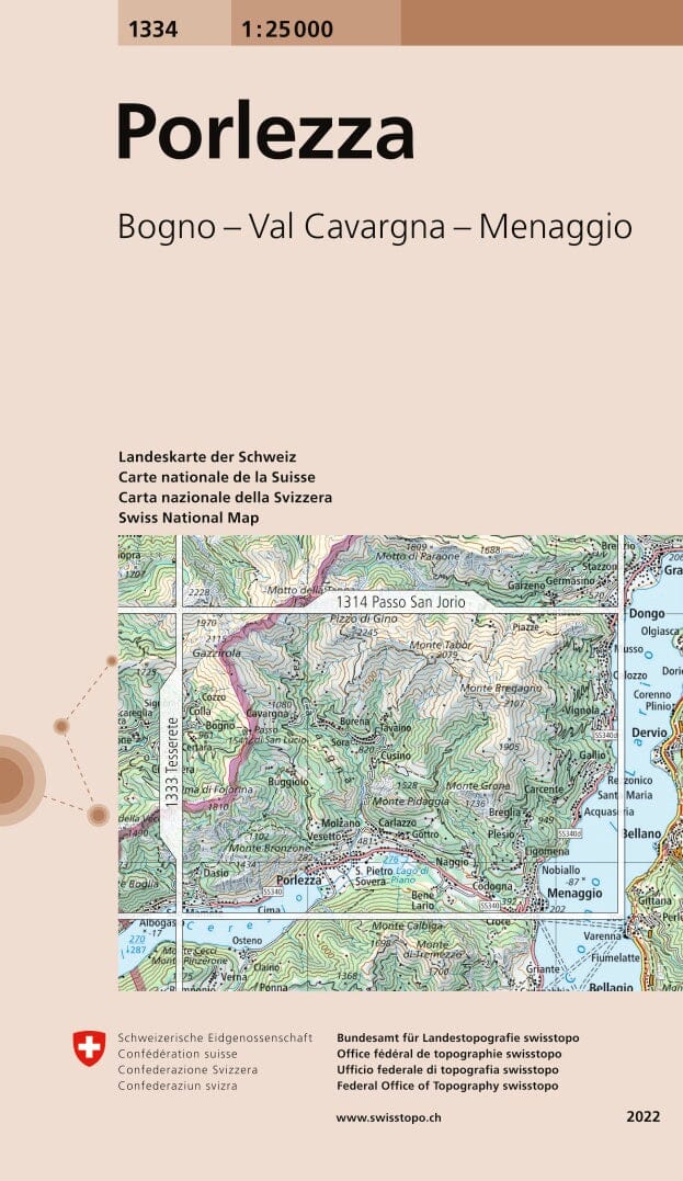 Carte topographique n° 1334 - Porlezza (Suisse) | Swisstopo - 1/25 000 carte pliée Swisstopo 