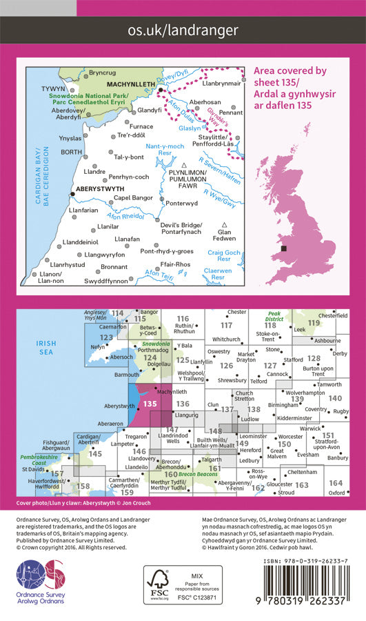 Carte topographique n° 135 - Aberystwyth, Machynlleth (Grande Bretagne) | Ordnance Survey - Landranger carte pliée Ordnance Survey Papier 