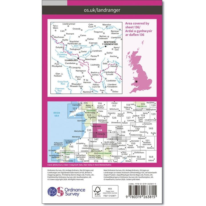 Carte topographique n° 136 - Newtown /Lllanidloes (Grande Bretagne) | Ordnance Survey - Landranger carte pliée Ordnance Survey 