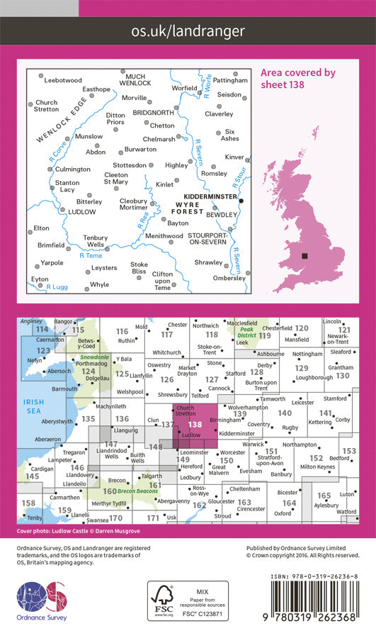 Carte topographique n° 138 - Kidderminster, Wyre Forest (Grande Bretagne) | Ordnance Survey - Landranger carte pliée Ordnance Survey Papier 