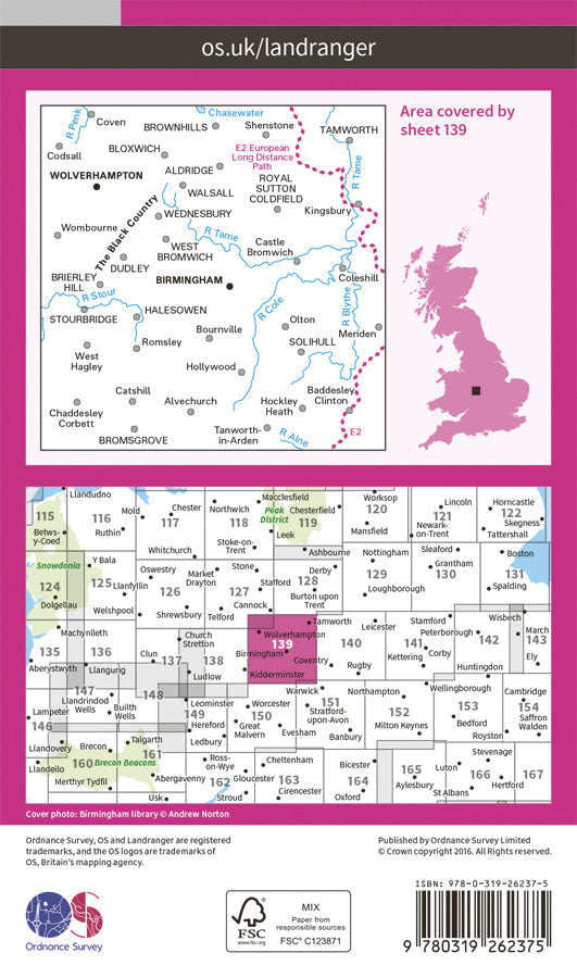 Carte topographique n° 139 - Birmingham, Wolverhampton (Grande Bretagne) | Ordnance Survey - Landranger carte pliée Ordnance Survey Papier 