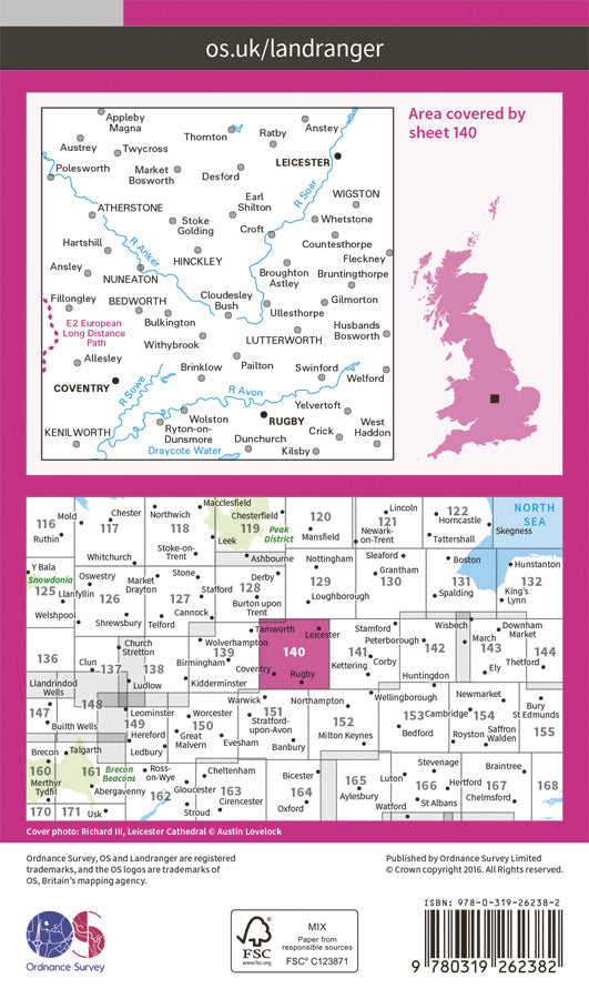Carte topographique n° 140 - Leicester, Coventry, Rugby (Grande Bretagne) | Ordnance Survey - Landranger carte pliée Ordnance Survey Papier 