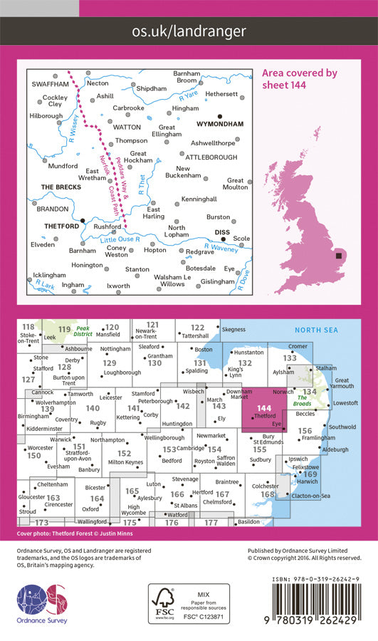 Carte topographique n° 144 - Thetford, Diss, Breckland, Wymondham (Grande Bretagne) | Ordnance Survey - Landranger carte pliée Ordnance Survey Papier 