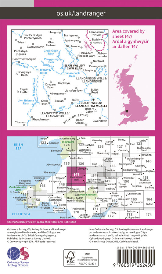 Carte topographique n° 147 - Elan valley, Builth Wells (Grande Bretagne) | Ordnance Survey - Landranger carte pliée Ordnance Survey Papier 