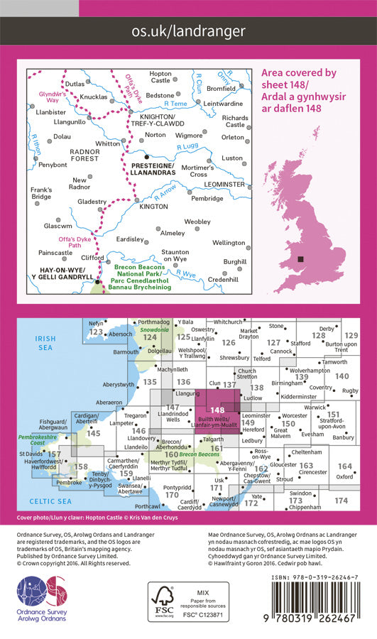 Carte topographique n° 148 - Presteigne, Hay-on-Wye (Grande Bretagne) | Ordnance Survey - Landranger carte pliée Ordnance Survey Papier 