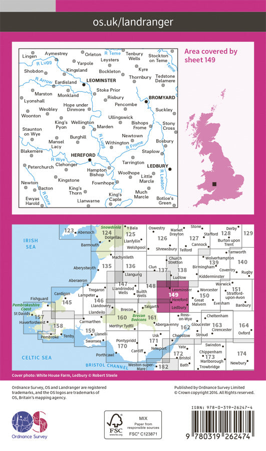 Carte topographique n° 149 - Hereford, Leominster (Grande Bretagne) | Ordnance Survey - Landranger carte pliée Ordnance Survey Papier 