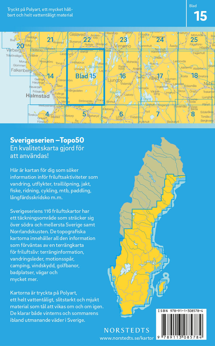 Carte topographique n° 15 - Bolmen (Suède) | Norstedts - Sverigeserien carte pliée Norstedts 