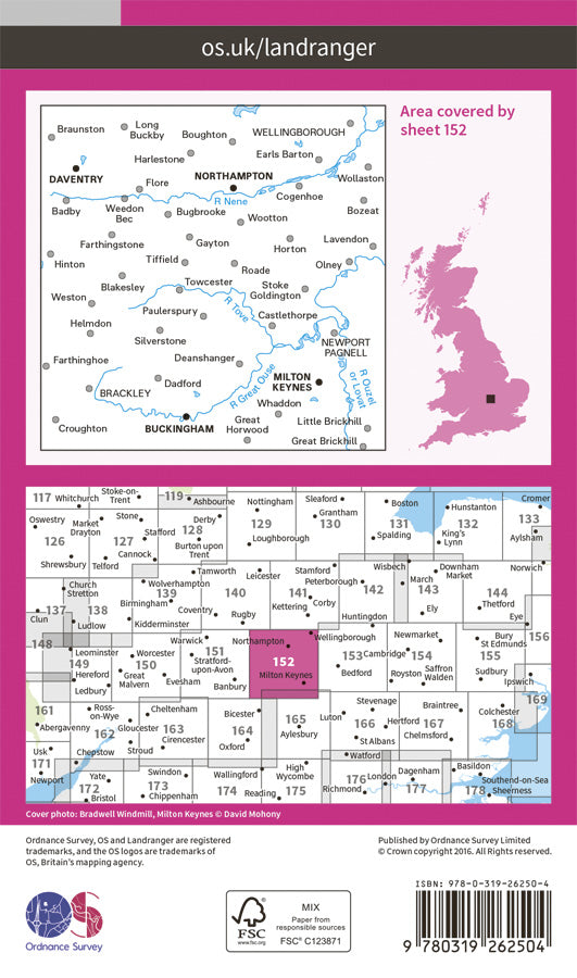Carte topographique n° 152 - Northampton, Milton Keynes (Grande Bretagne) | Ordnance Survey - Landranger carte pliée Ordnance Survey Papier 