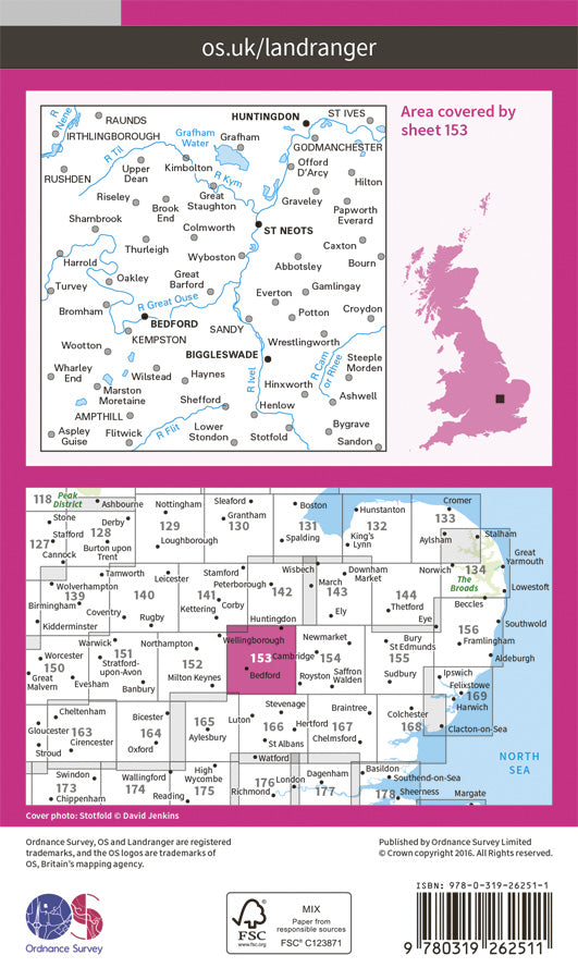 Carte topographique n° 153 - Bedford, Huntingdon, St-Neots, Biggleswade (Grande Bretagne) | Ordnance Survey - Landranger carte pliée Ordnance Survey Papier 
