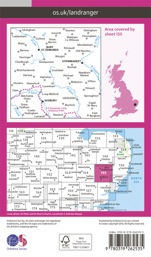 Carte topographique n° 155 - Bury St Edmunds, Sudbury, Stowmarket (Grande Bretagne) | Ordnance Survey - Landranger carte pliée Ordnance Survey Papier 