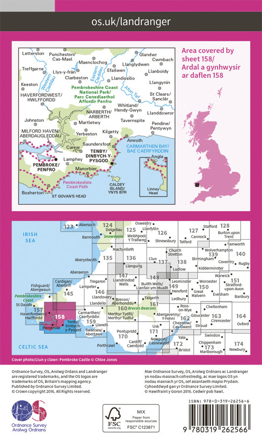 Carte topographique n° 158 - Tenby, Pembroke (Grande Bretagne) | Ordnance Survey - Landranger carte pliée Ordnance Survey Papier 