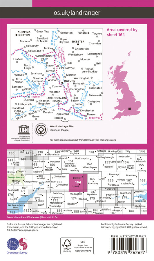 Carte topographique n° 164 - Oxford, Chipping Norton, Bicester (Grande Bretagne) | Ordnance Survey - Landranger carte pliée Ordnance Survey Papier 