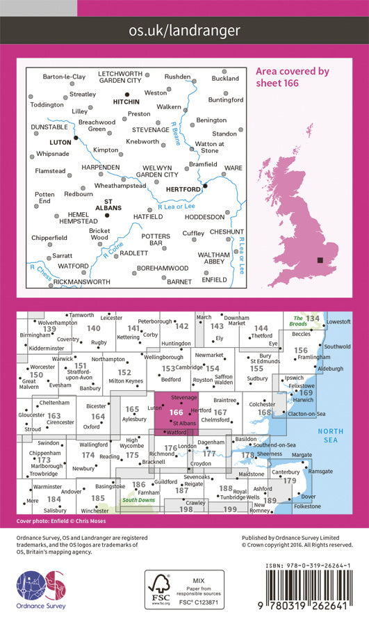 Carte topographique n° 166 - Luton, Hertford, Hitchin, St Albans (Grande Bretagne) | Ordnance Survey - Landranger carte pliée Ordnance Survey Papier 