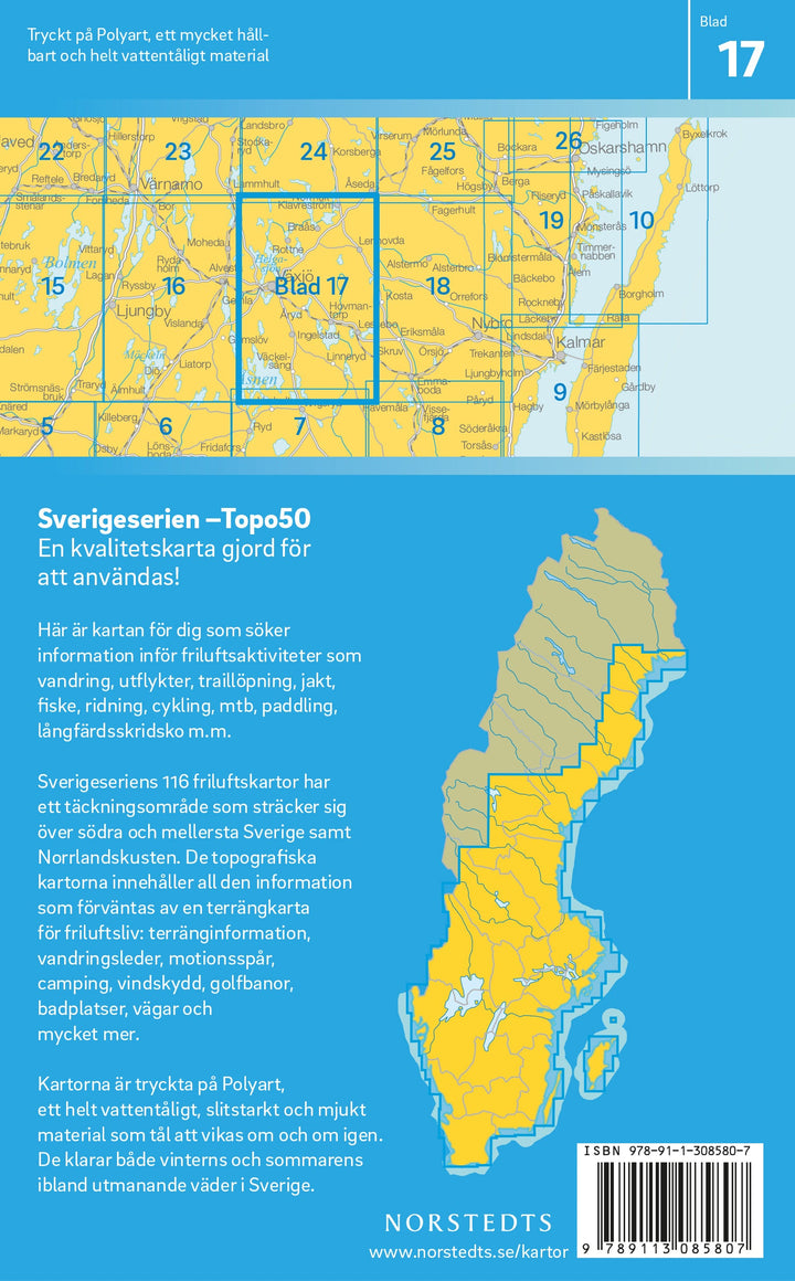 Carte topographique n° 17 - Växjö (Suède) | Norstedts - Sverigeserien carte pliée Norstedts 