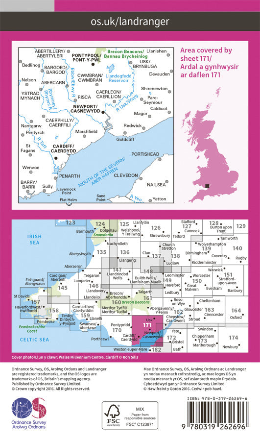 Carte topographique n° 171 - Cardiff, Newport (Grande Bretagne) | Ordnance Survey - Landranger carte pliée Ordnance Survey Papier 