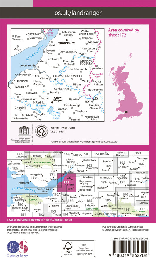 Carte topographique n° 172 - Bristol, Bath (Grande Bretagne) | Ordnance Survey - Landranger carte pliée Ordnance Survey Papier 