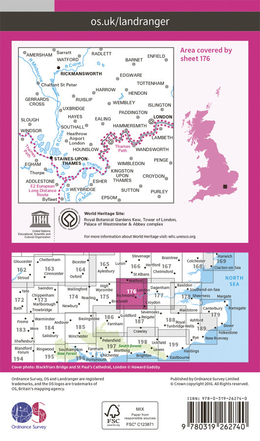 Carte topographique n° 176 - West London, Rickmansworth, Staines (Grande Bretagne) | Ordnance Survey - Landranger carte pliée Ordnance Survey Papier 