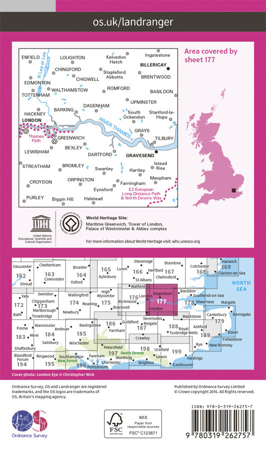 Carte topographique n° 177 - East London, Billericay, Gravesend (Grande Bretagne) | Ordnance Survey - Landranger carte pliée Ordnance Survey Papier 