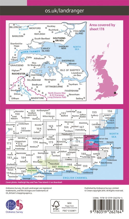 Carte topographique n° 178 - Thames Estuary (Grande Bretagne) | Ordnance Survey - Landranger carte pliée Ordnance Survey Papier 