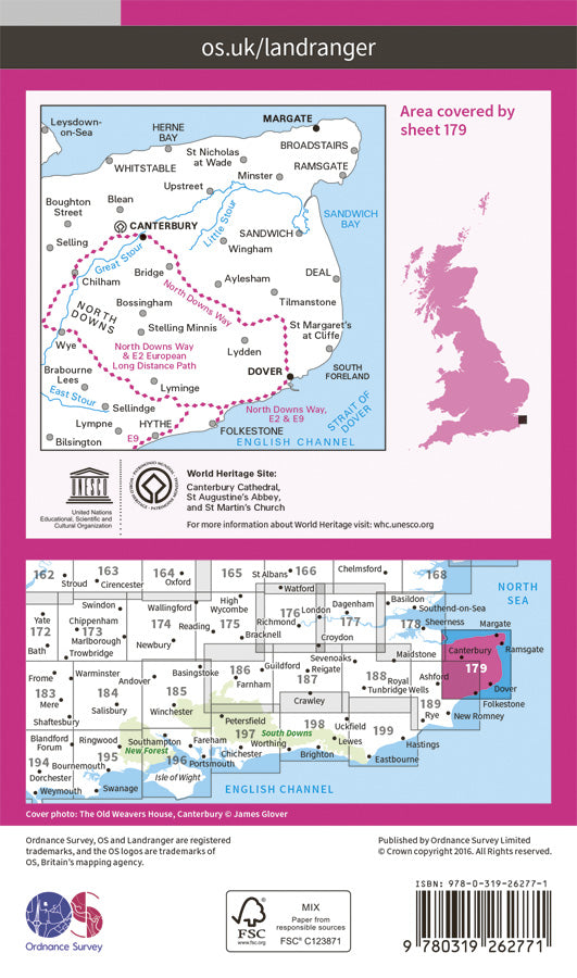 Carte topographique n° 179 - Canterbury, East Kent (Grande Bretagne) | Ordnance Survey - Landranger carte pliée Ordnance Survey Papier 