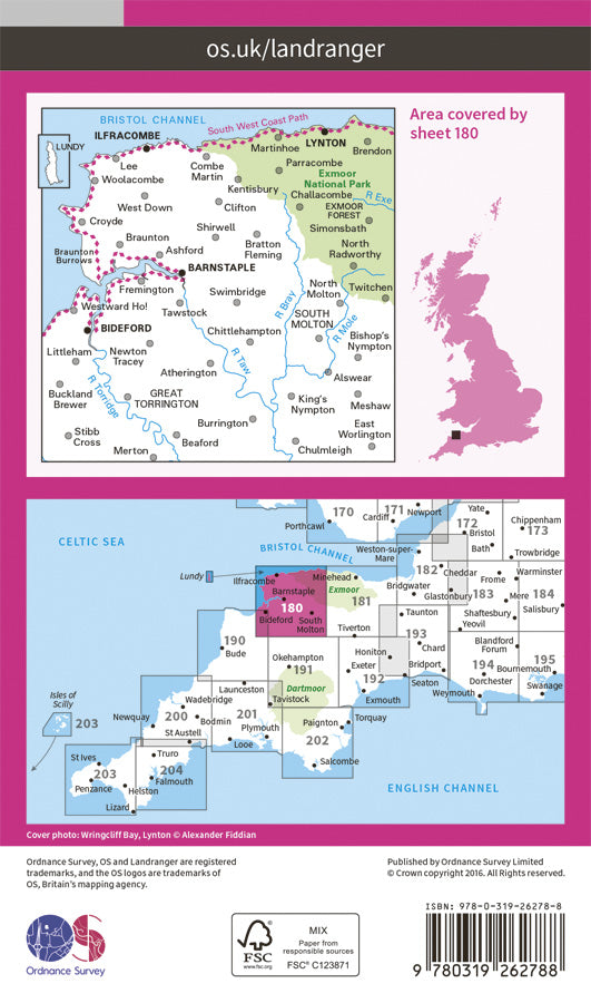 Carte topographique n° 180 - Barnstable, Ilfracombe (Grande Bretagne) | Ordnance Survey - Landranger carte pliée Ordnance Survey Papier 