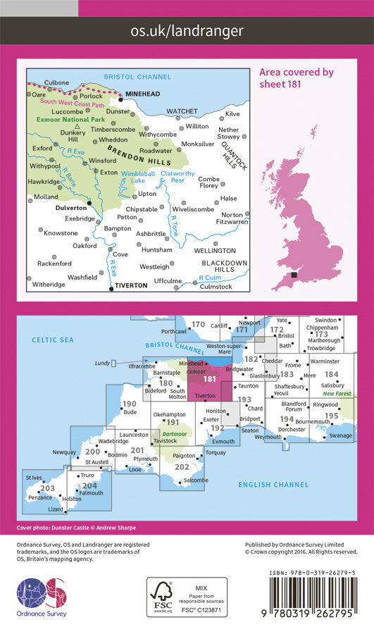 Carte topographique n° 181 - Minehead, Brendon Hills (Grande Bretagne) | Ordnance Survey - Landranger carte pliée Ordnance Survey Papier 