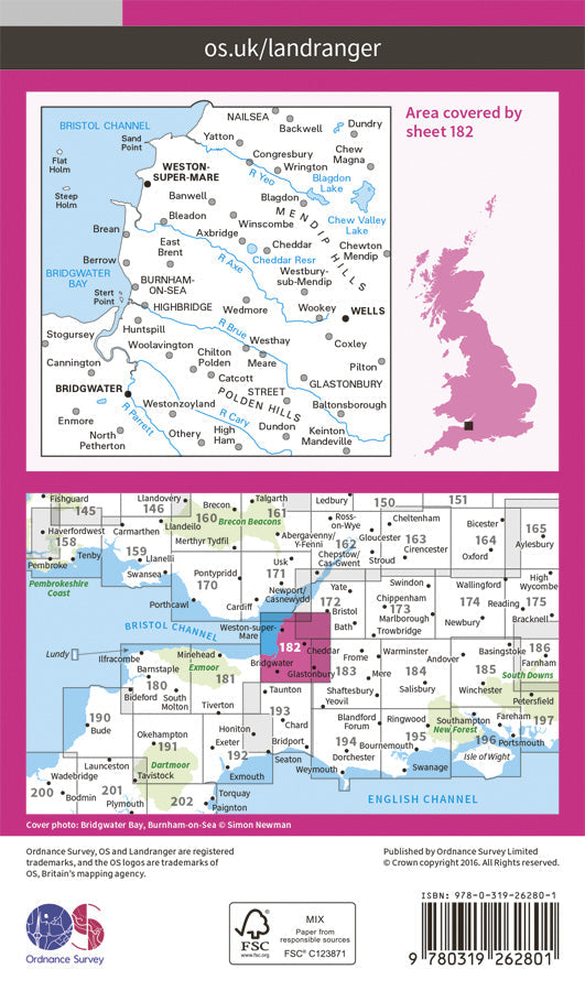 Carte topographique n° 182 - Weston-super-Mare (Grande Bretagne) | Ordnance Survey - Landranger carte pliée Ordnance Survey Papier 