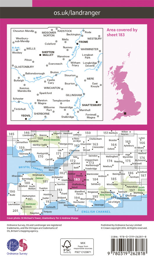 Carte topographique n° 183 - Yeovil, Frome (Grande Bretagne) | Ordnance Survey - Landranger carte pliée Ordnance Survey Papier 