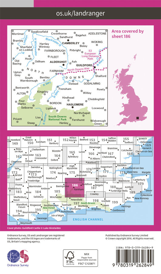 Carte topographique n° 186 - Aldershot, Guildford (Grande Bretagne) | Ordnance Survey - Landranger carte pliée Ordnance Survey Papier 