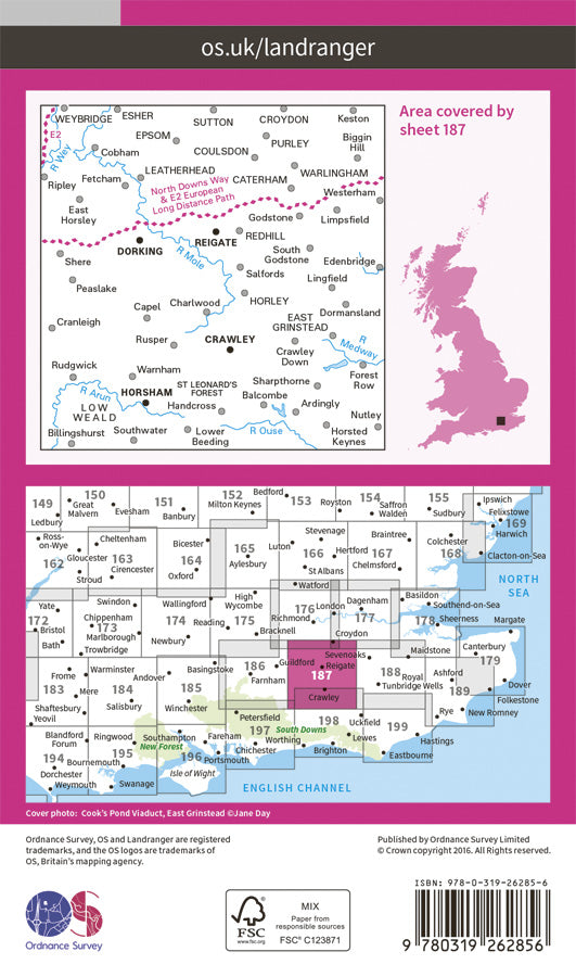 Carte topographique n° 187 - Dorking, Reigate (Grande Bretagne) | Ordnance Survey - Landranger carte pliée Ordnance Survey Papier 