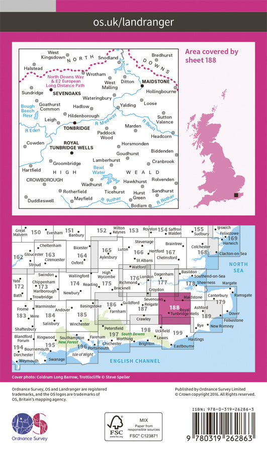 Carte topographique n° 188 - Maidstone, Royal Tunbridge Wells (Grande Bretagne) | Ordnance Survey - Landranger carte pliée Ordnance Survey Papier 