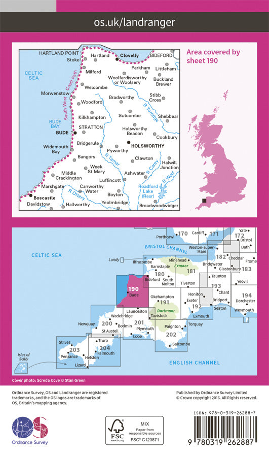 Carte topographique n° 190 - Bude, Clovelly (Grande Bretagne) | Ordnance Survey - Landranger carte pliée Ordnance Survey Papier 