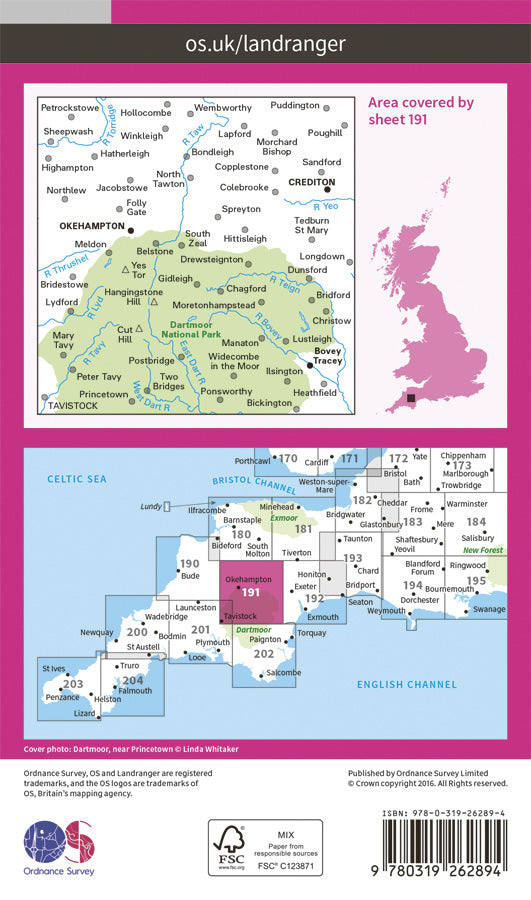 Carte topographique n° 191 - Okehampton, North Dartmoor (Grande Bretagne) | Ordnance Survey - Landranger carte pliée Ordnance Survey Papier 