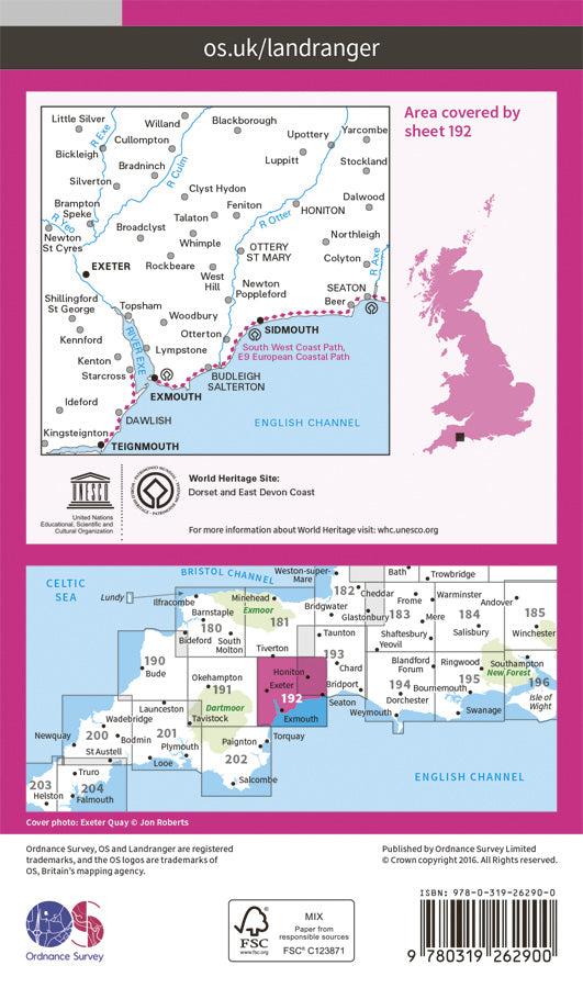 Carte topographique n° 192 - Exeter, Sidmouth (Grande Bretagne) | Ordnance Survey - Landranger carte pliée Ordnance Survey Papier 