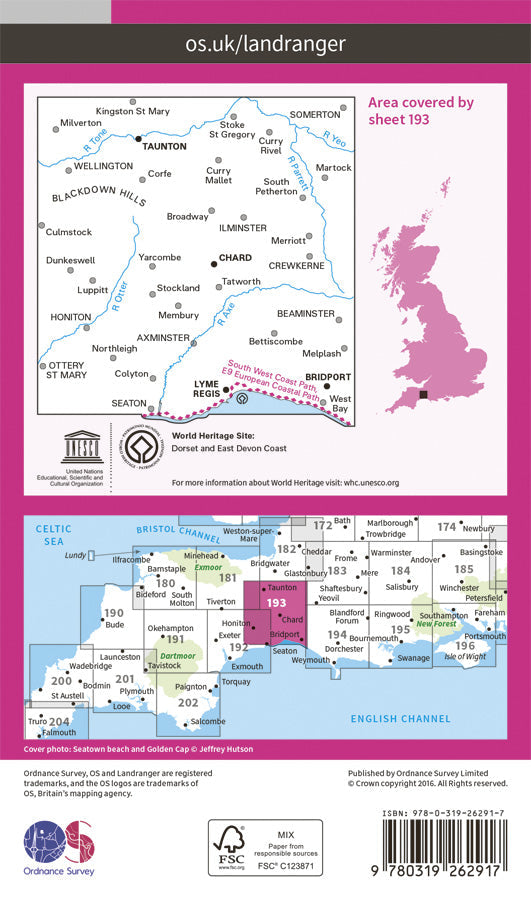 Carte topographique n° 193 - Taunton, Lyme Regis (Grande Bretagne) | Ordnance Survey - Landranger carte pliée Ordnance Survey Papier 